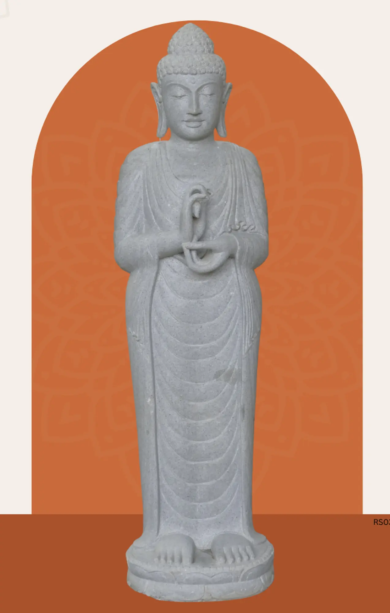  Product image 1 of the product “Standing Buddha made of Riverstone in Dharmachakra position - gesture of wheel of the teaching of Dharma. About 150cm height. ”